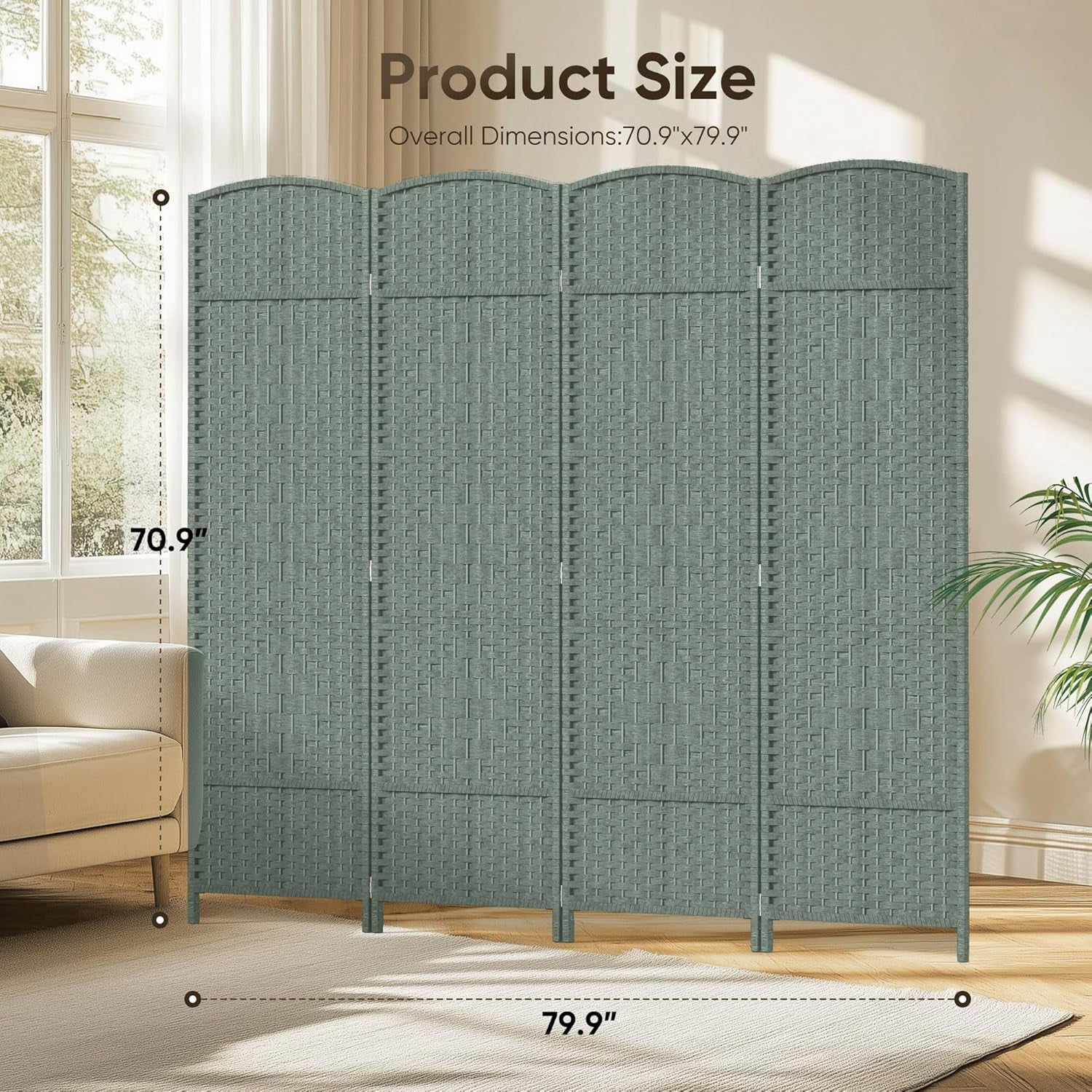 Jostyle 6ft Room Divider with Hand-Woven Design, 4-Panel Folding Privacy Screen Freestanding Gray-Green