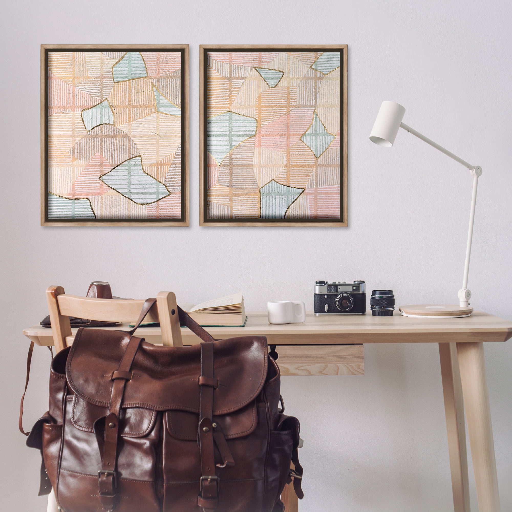 Stupell Industries Shapes on Stripes Pattern Abstract Painting Brown Floater Framed Canvas Art Print Wall Art, 25 x 31, Set of 2