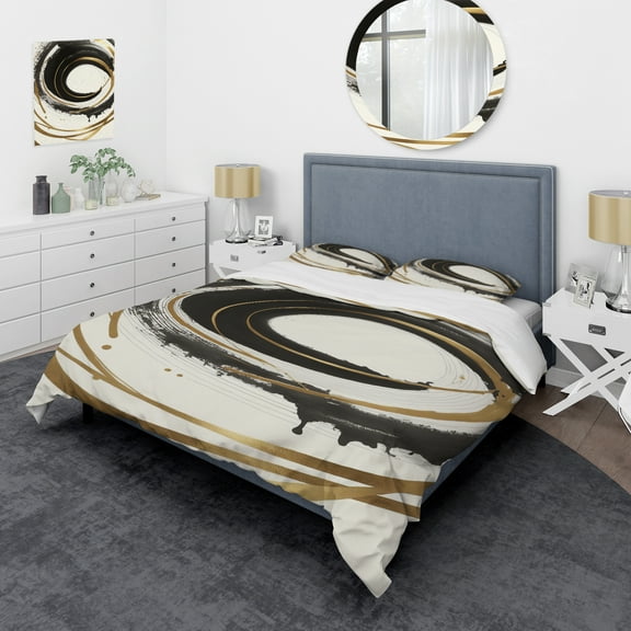 Designart "Curvaceous Black and Gold Design III" Abstract Spirals Bedding Covert Set - Modern Black Abstract Bed Set With 2 Shams