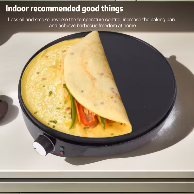 Una versátil máquina de panquecas, adecuada para uso doméstico, con un diseño delgado para crepes, carnes a la parrilla