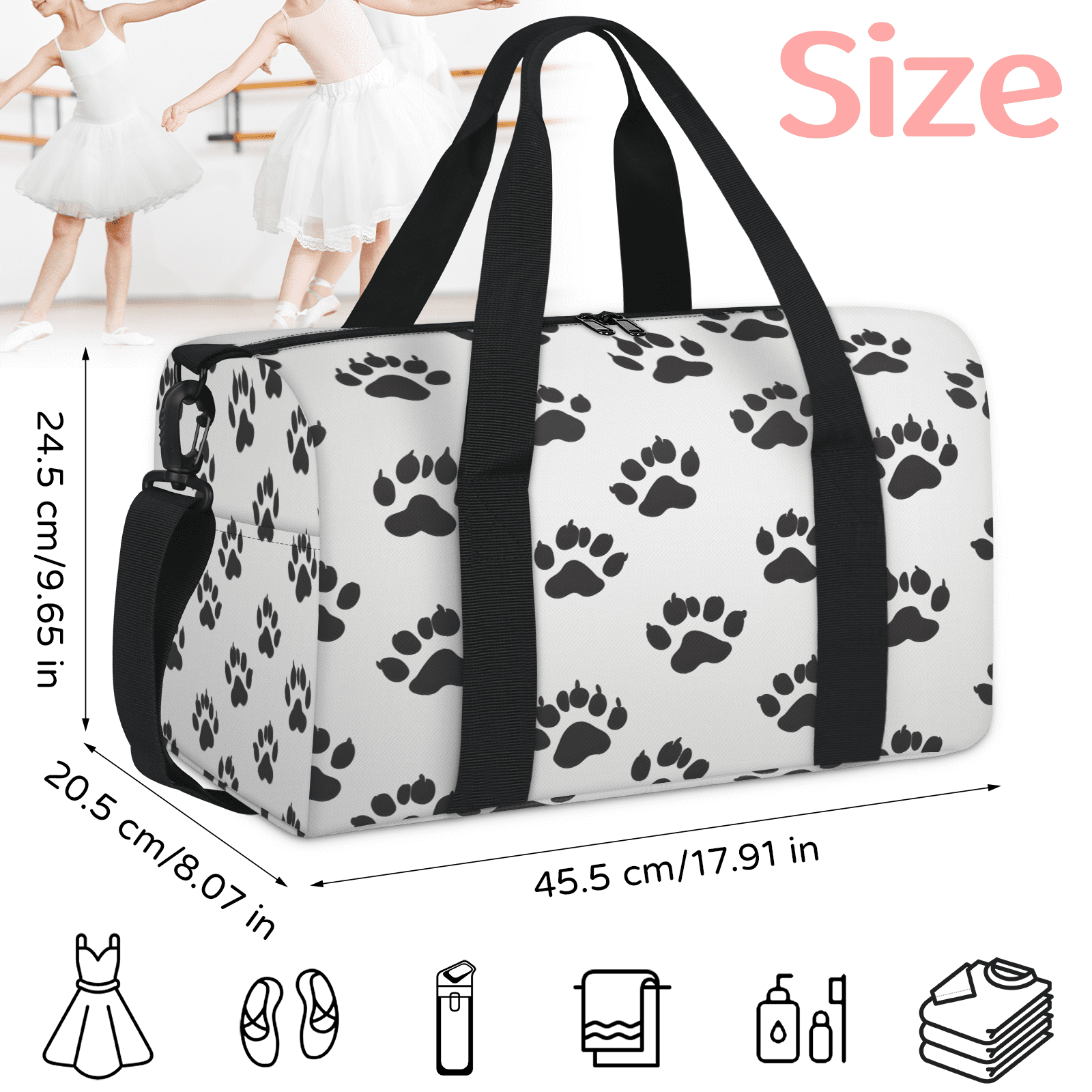 Herdesigns Paw Print Travel Duffle Bag Sports Yoga Weekender Overnight Carry on Workout Bags Lightweight Waterproof Gym Tote Bag for Women Black White Animal Print