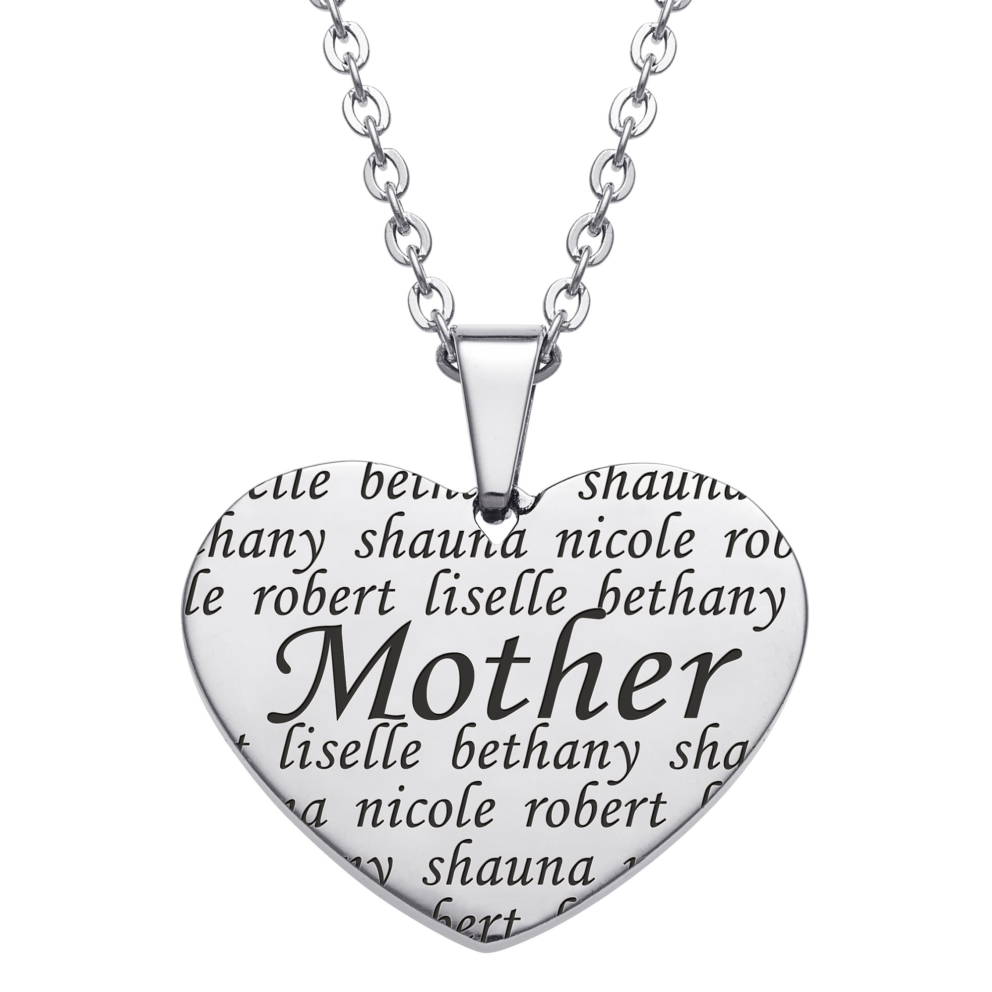 Personalized Planet "Mother" Family Names Heart Stainless Steel Pendant, 20"