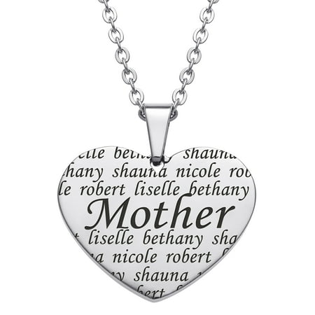 Personalized Planet "Mother" Family Names Heart Stainless Steel Pendant, 20"