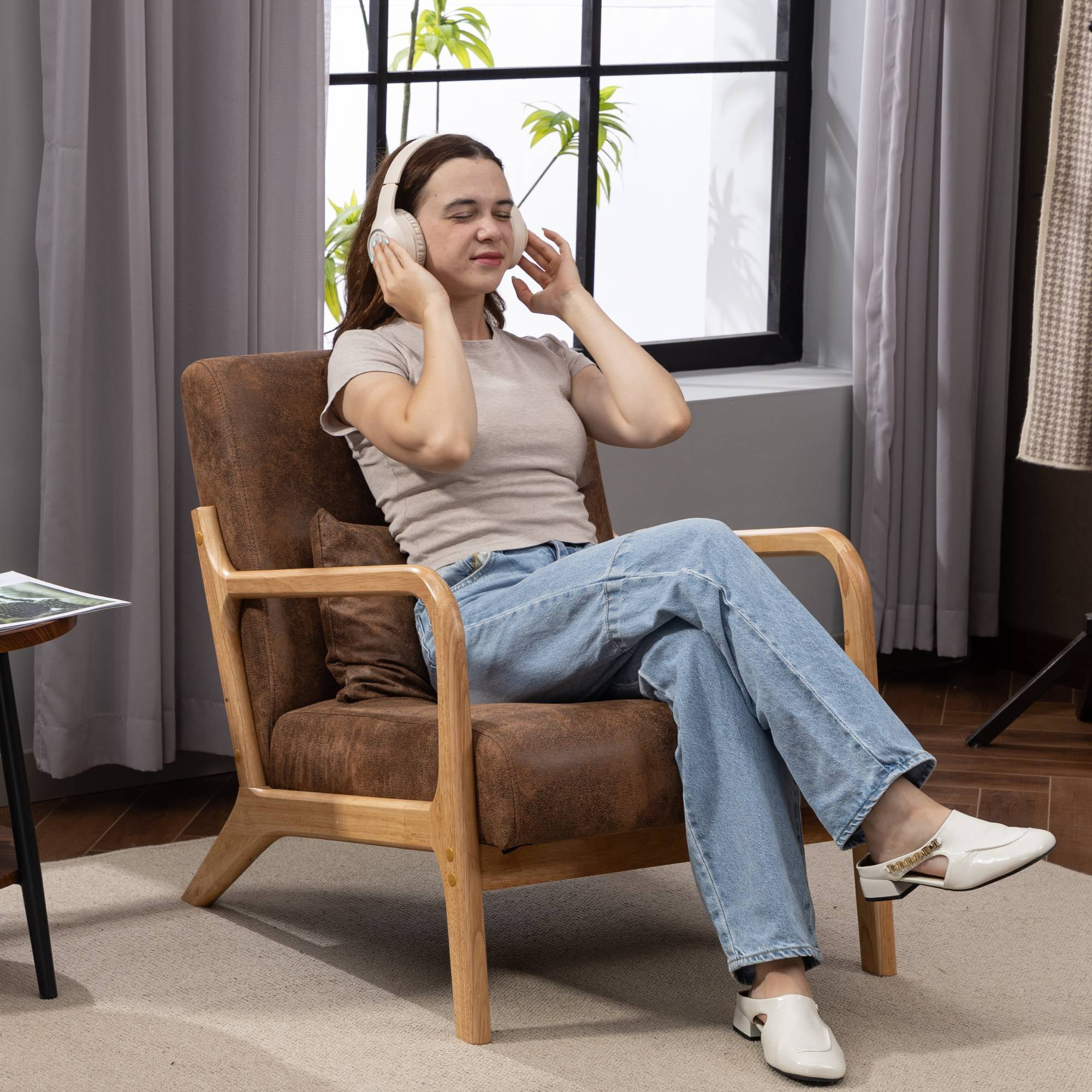 Mid-Century Modern Accent Chair with Pillow Linen Lounge Arm Chair Comfy Reading Chair with Solid Wood Frame for Living Room, Bedroom, Brown
