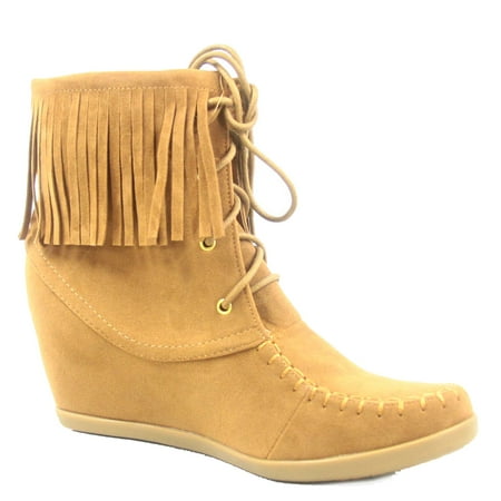 Brown Shoe Company - Glady-84 Women's Fashion Fringe Lace UP Low Wedge Sneaker Booties Shoes
