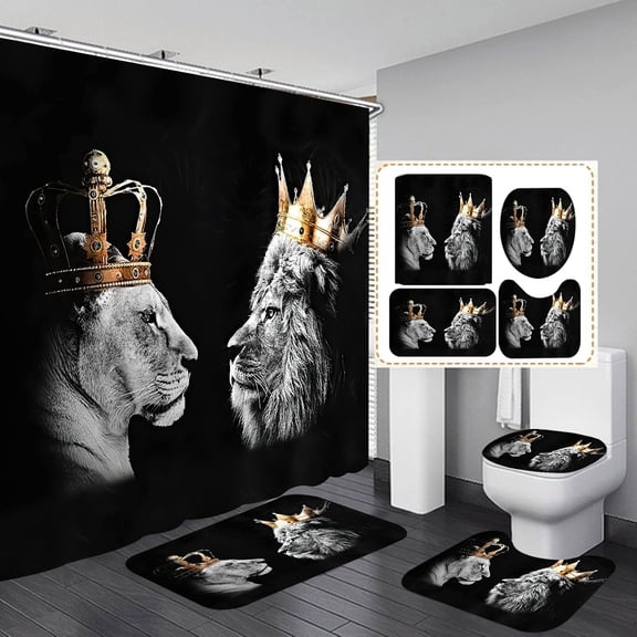 4Pcs Wild Lion Shower Curtain Set, Crown African Leo Tiger Couple Curtain with Non-Slip Rug,Toilet Lid Cover,U Shape Mat,Waterproof Shower Curtain with 12 Hooks Bathroom Decor Sets,Black