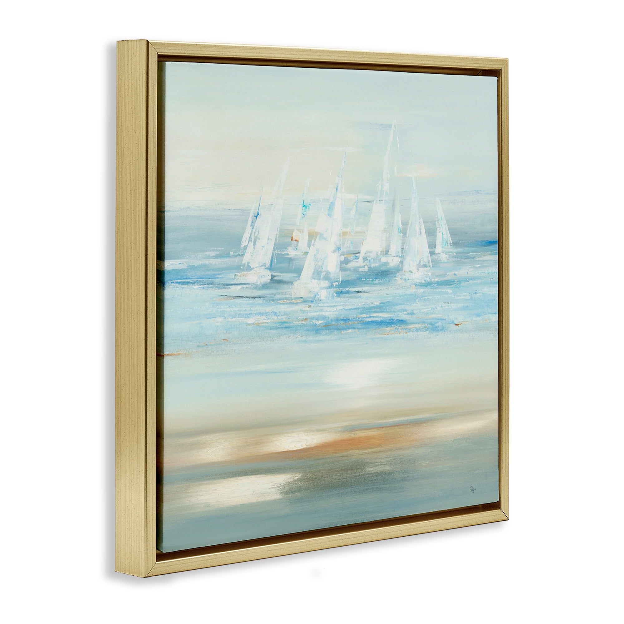 Stupell Industries Brushed Sailboat Fleet Coastal Painting Gold Floater Framed Canvas Art Print Wall Art, 25 x 25