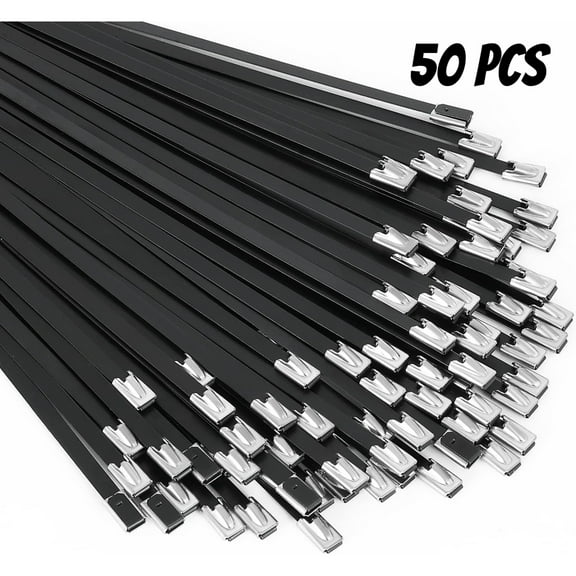 WuPing 50 Pcs Black Metal Zip Ties 18 Inch Heavy-Duty 304 Stainless Steel Epoxy-Coated Locking Cable Ties for Machinery, Vehicles, Cables, Pipes, Fences