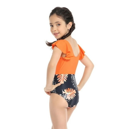 

Gubotare Teen Kids Girls Swimsuits OnePiece Kids Black Swimsuits Chest Pads Girl Sun Ruffler Sleeves Floral Cow Print Short Orange 5-6 Years