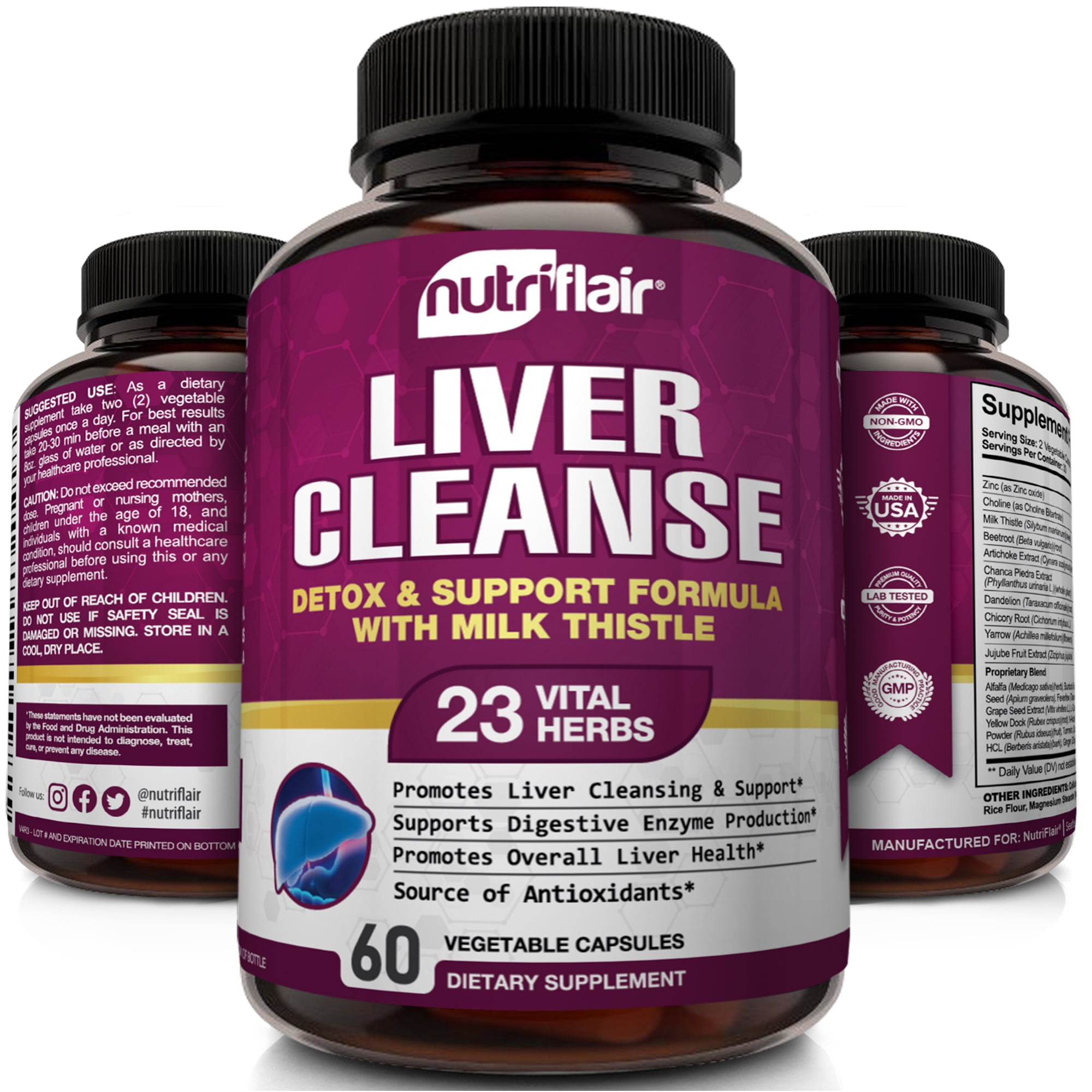 NutriFlair Liver Support Supplement with Milk Thistle Natural Detox Cleanse 60 Vegetable Capsules