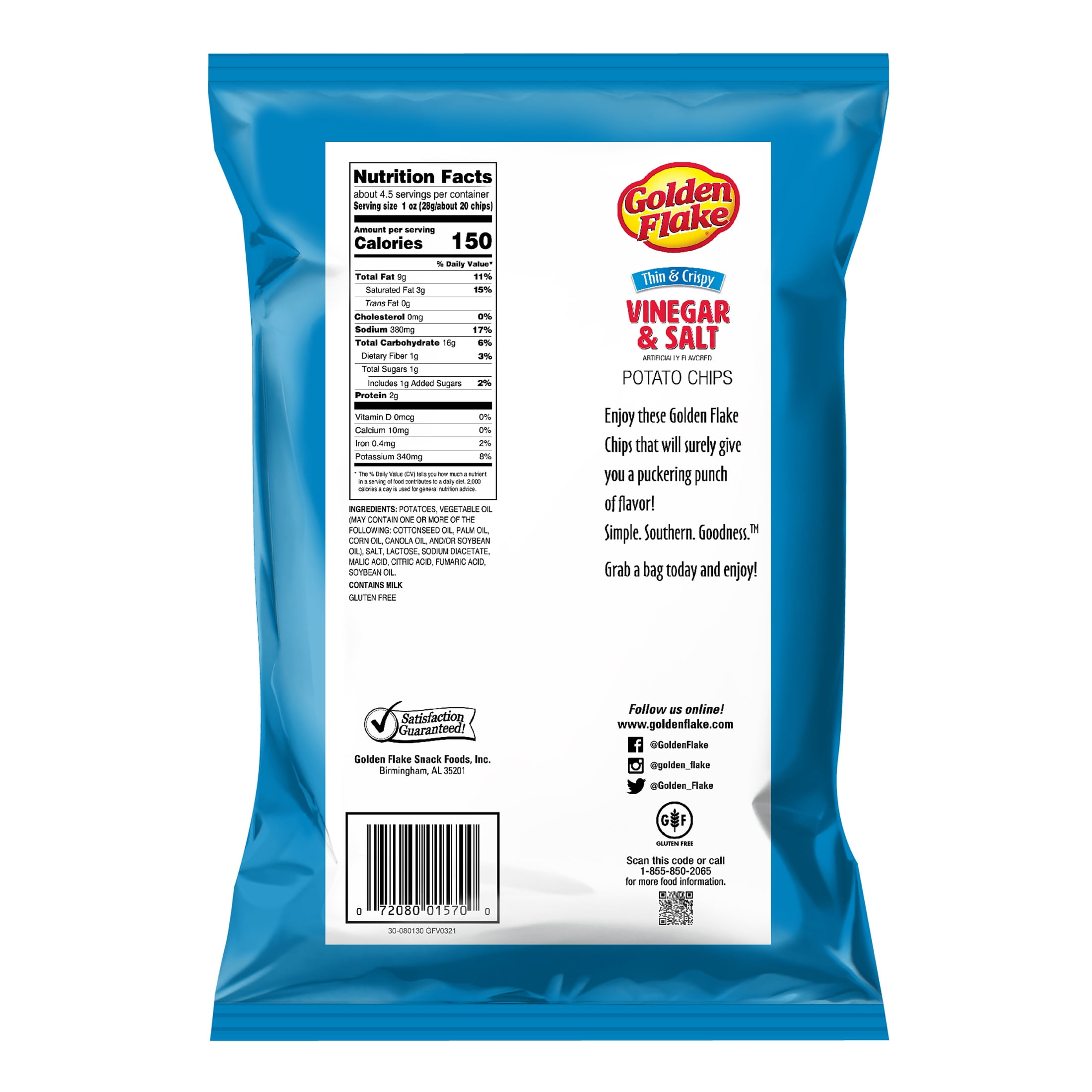 Golden Flake Vinegar & Salt Thin & Crispy Potato Chips, Gluten-Free, 4.625 oz Bag
