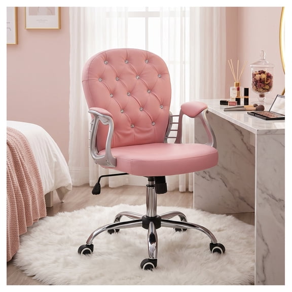 Pink Vanity Chair, PU Leather Task Chair, Adjustable Height, Swivel Wheels, Padded Armrests, Home Office Desk Chair