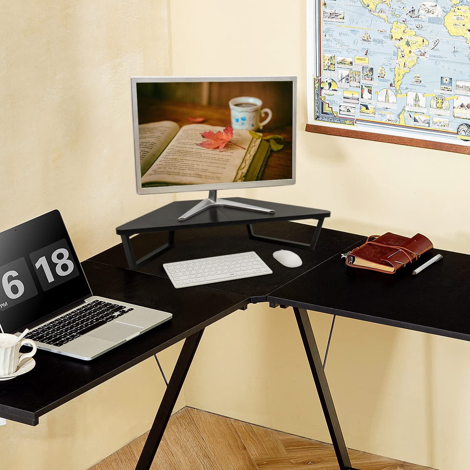 26 inch Triangle Monitor Stand Riser, Desktop Corner Shelf with Metal Leg Wood Computer Stand with Storage Laptop Riser Office Organization