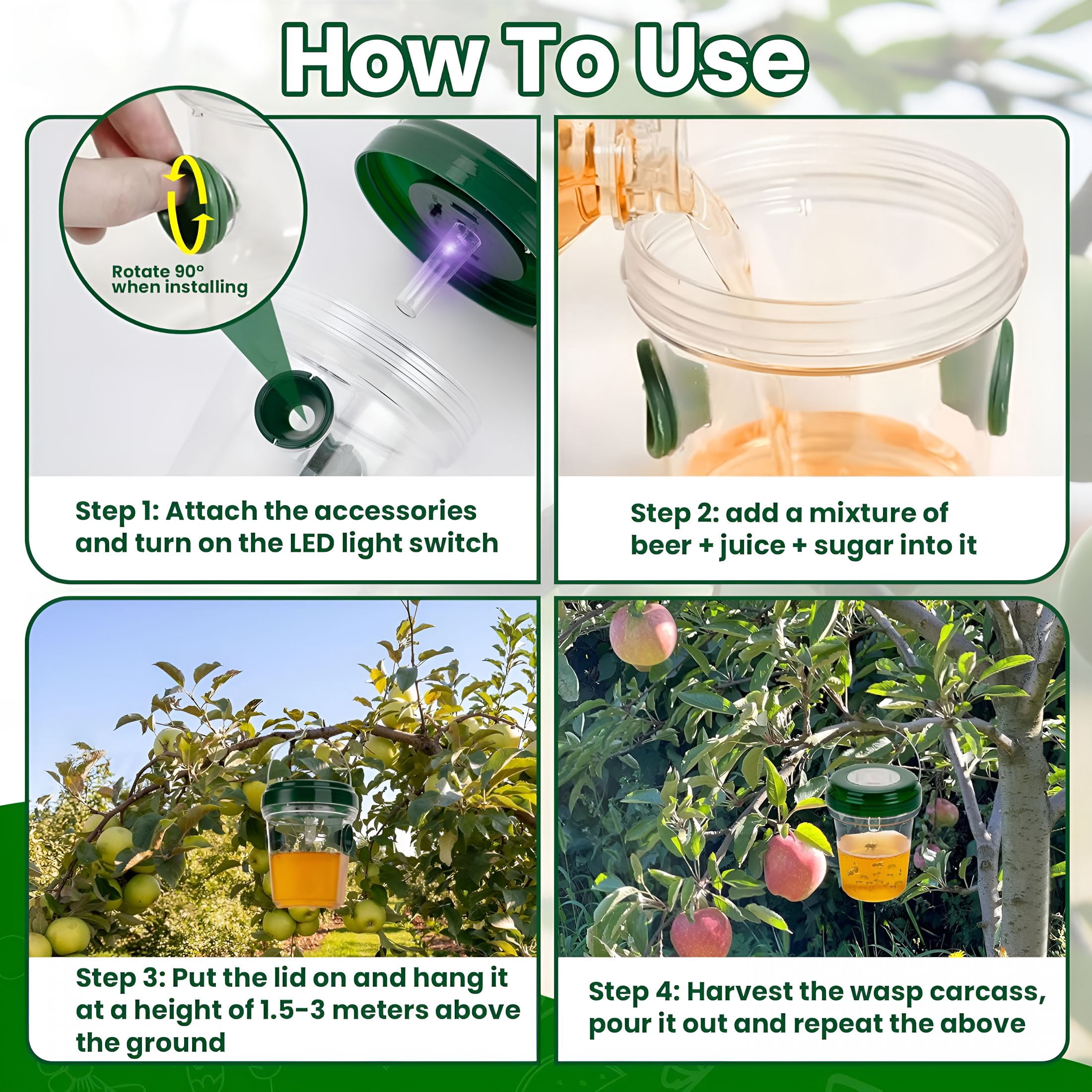 QARUN Wasp Traps Outdoor Hanging, Hornet Trap with Solar Power, Double Attraction, Suitable for Outdoor, Orchard, Garden