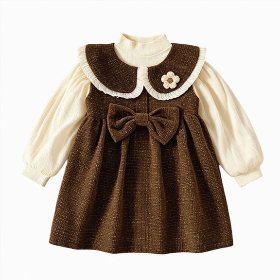 Wonitaaizi Toddler Baby Girl Corduroy Dress Ruffle Collar Floral Long Sleeve Dress Spring Fall Outfits 2PC (6-7 Years,Coffee)
