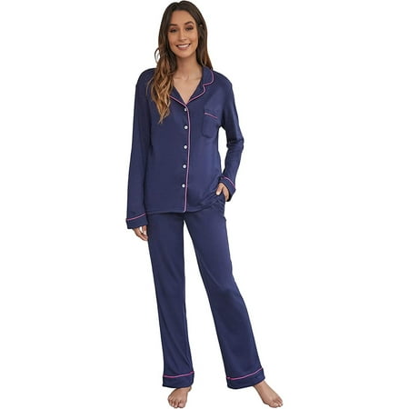 

HEARTNICE Women Button up Pajama Set Long Sleeve Sleepwear Lightweight Pjs Set Navy 2XL