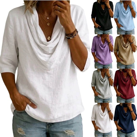 VBVC Women's Cotton Linen 3/4 Sleeve Tops , Ladies' Cowl Neck Loose Blouses , Casual Breathable Summer Shirts For Women,Black,S-2XL