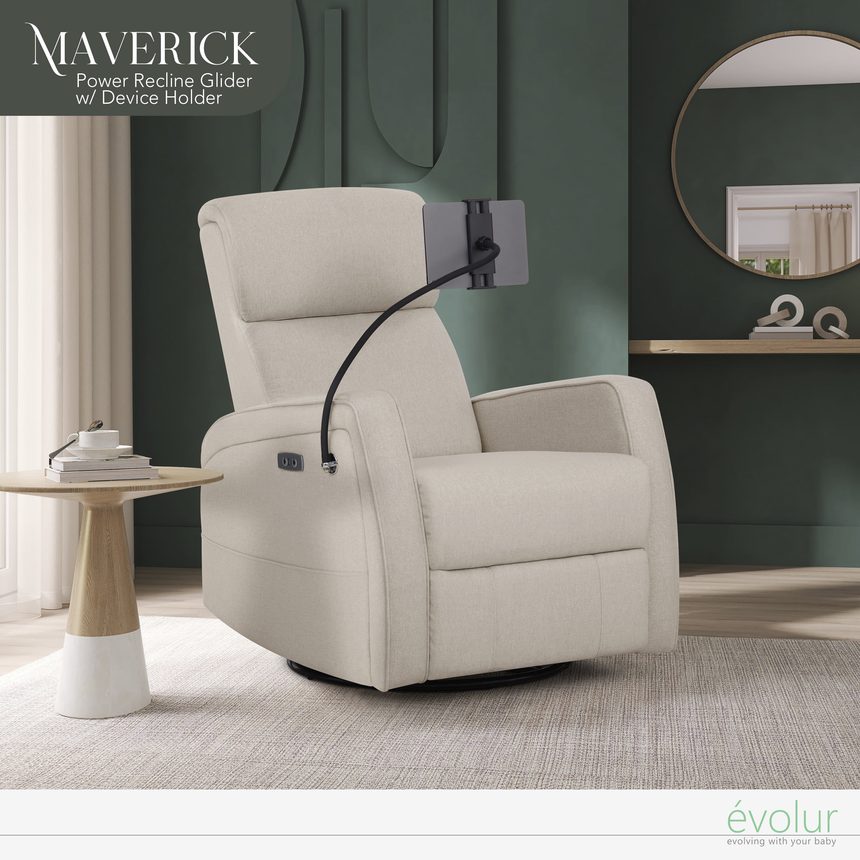 Buybuy BABY by Evolur Maverick Power Recline Glider with Device Holder, Light Sand