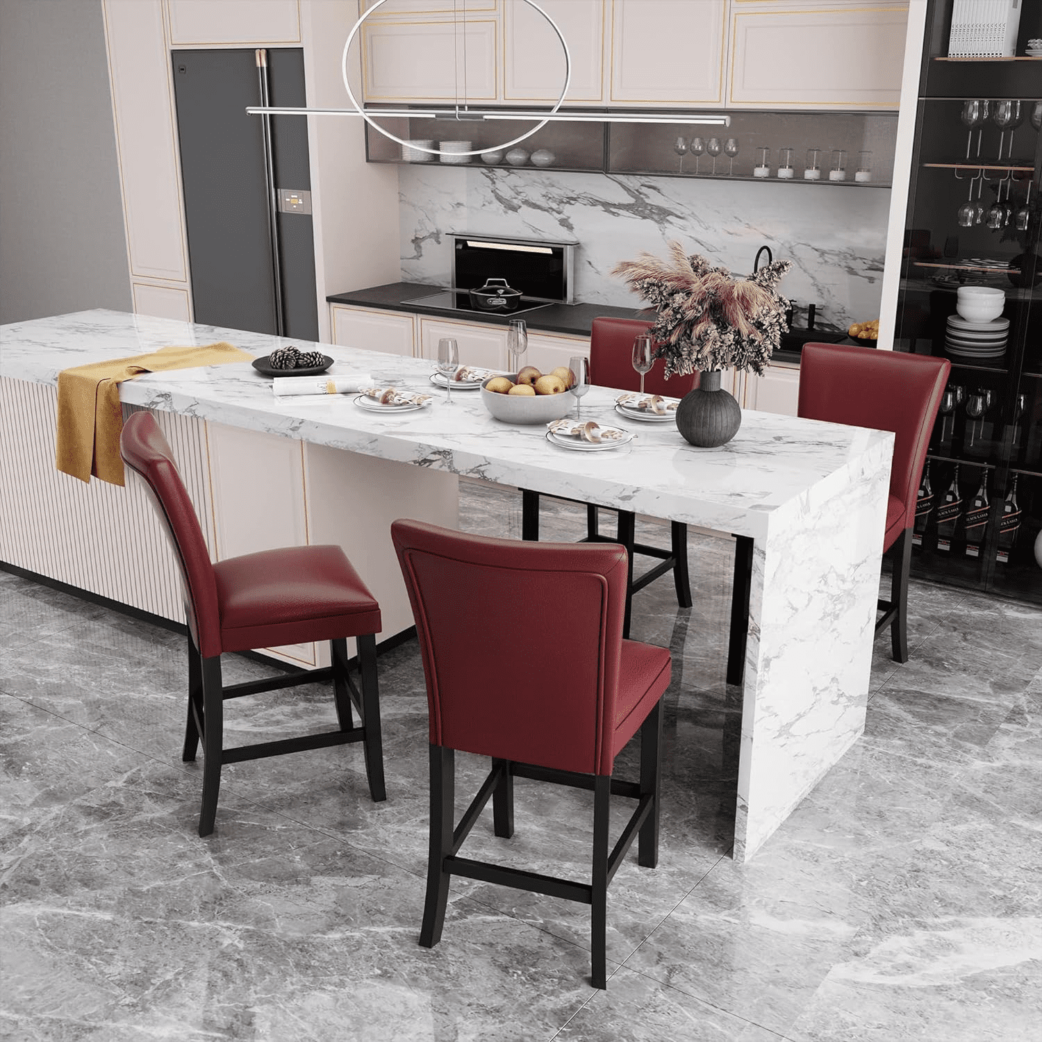 BAXMUY Set of 4 Counter Height Bar Stools, 25.6" Seat, Red, Solid Wood & Faux Leather Bar Chairs for Kitchen Island & Home Bar