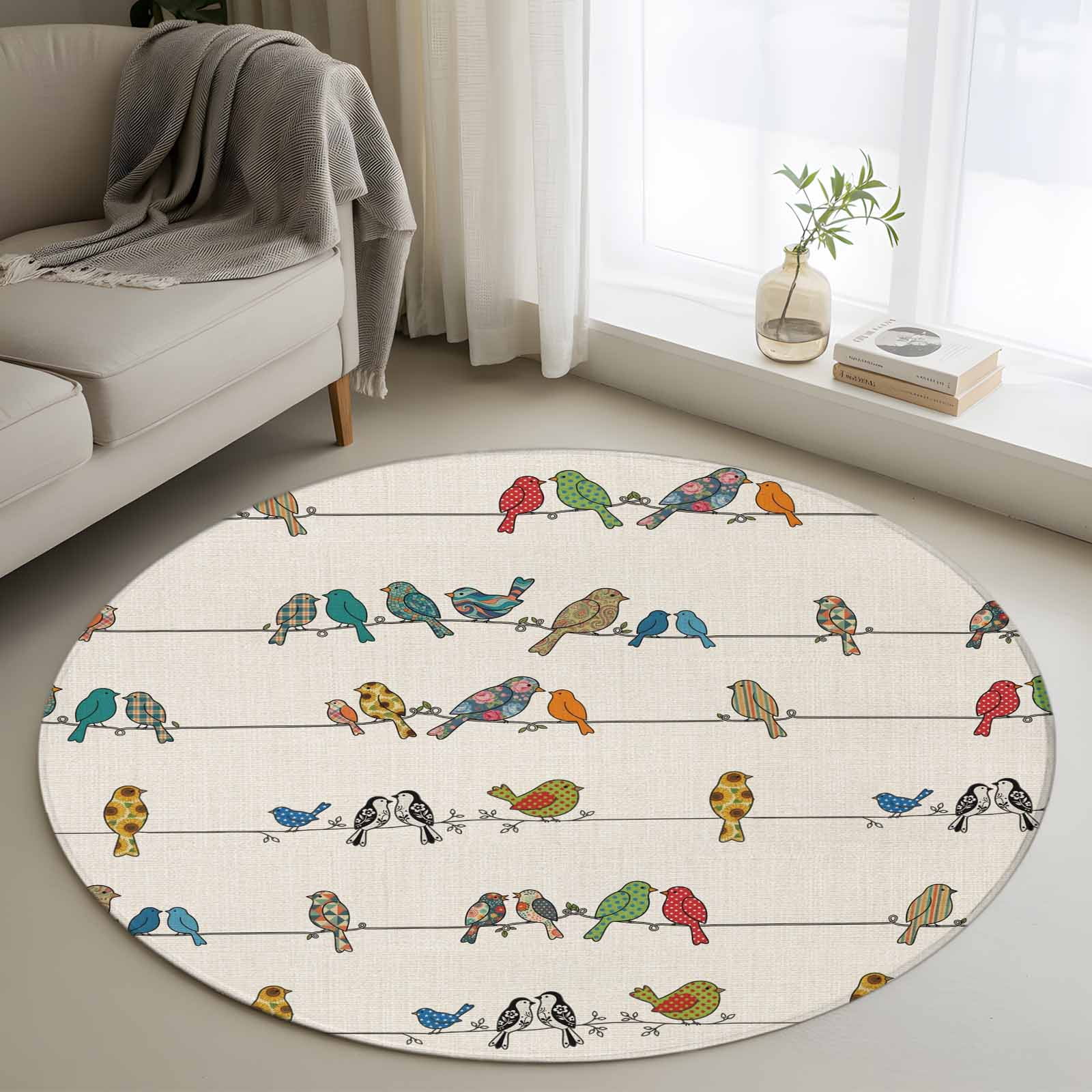 Round Rug 3ft Area Rug Vintage Birds Sparrows on Lines Area Rugs for Living Room Bedroom Retro Farm Birds Floor Mat Non-Slip Non-Shedding Carpet Indoor Accent Rugs