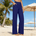thumbnail image 6 of Women's Casual Straight Leg Yoga Pants, Solid Color High Waisted Tummy Control Elastic Waist Pants, Loose Fit Cotton Linen Blend Versatile Trousers for Daily Wear Blue M, 6 of 7