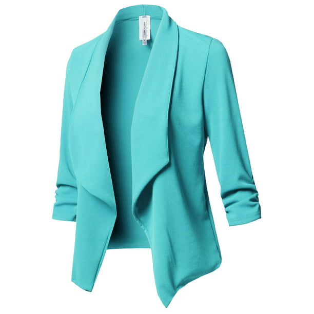 FashionOutfit Women's Stretch 3/4 Gathered Sleeve Open Blazer Jacket ...