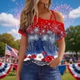 thumbnail image 2 of 4th of July Outfits for Women Cold Shoulder Short Sleeve Casual Top with Straps Independence Day Print Shirt for Patriotic Party, 2 of 6