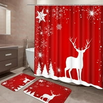 Christmas Reindeer Bathroom Sets with Shower Curtain and Rugs and Accessories, Deer Snowflakes Shower Curtain Sets, Merry Christmas Shower Curtains for Bathroom, Winter Bathroom Decor 4 Pcs