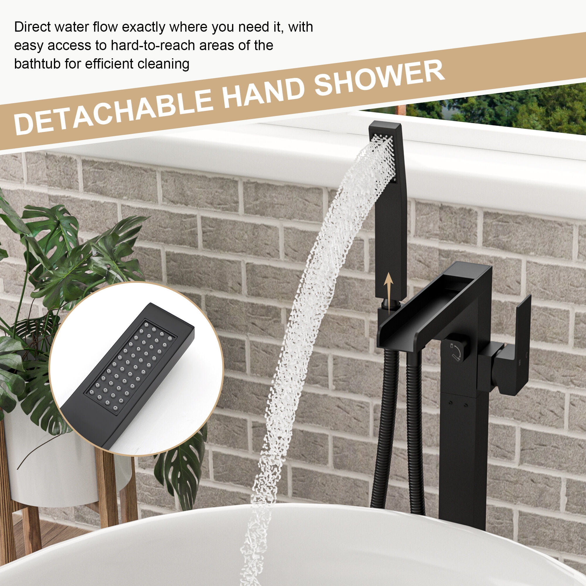 Freestanding Tub Faucet Replacement Freestanding Bathtub Faucet Waterfall Tub Filler Matte Black Floor Mount Brass Bathroom Faucets with Hand Shower,Freestanding Tub Faucet Installation