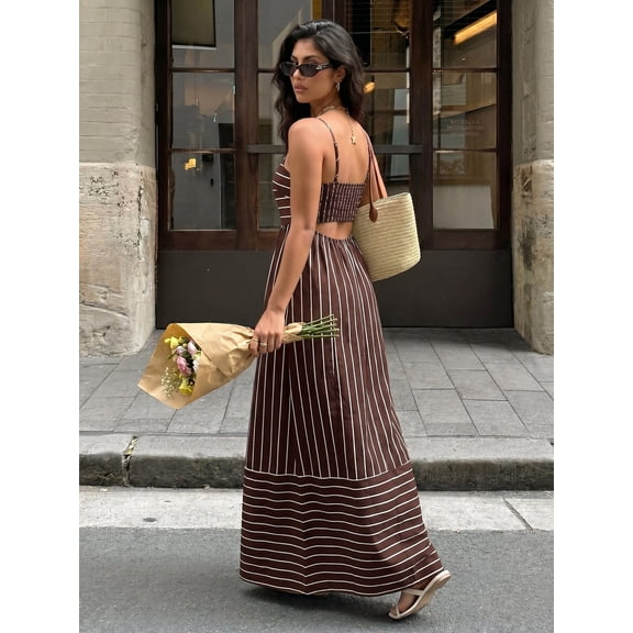 Brown Striped Spaghetti Strap Maxi Dress