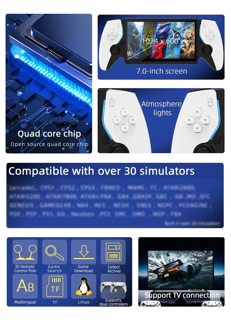 HC800 Handheld Game Console Linux System 64GB Open Source 7 Inch Big Screen Portable Game Play Video Game Console (Black)