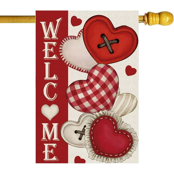 Welcome Valentines Day Romantic Love Hearts House Flag Big Large Burlap 28X40 Inch Vertical Double Sided Outside Yard Holiday Outdoor Farmhouse Decoration