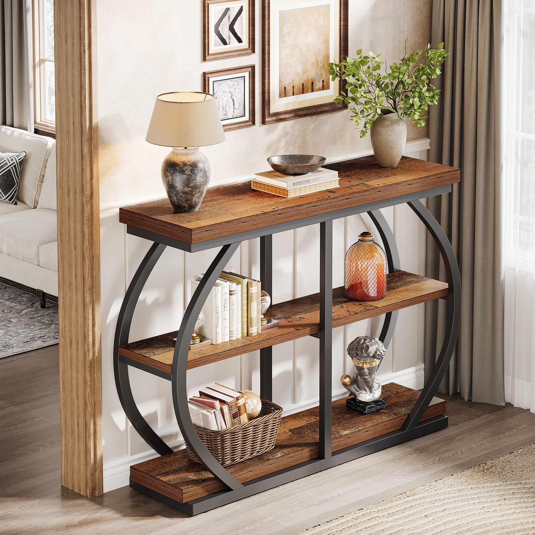 Tribesigns 41.3" Industrial Console Table: 3-Tier, Arched Metal Frame, Entryway Table with Storage Shelves, Mix Brown & Black