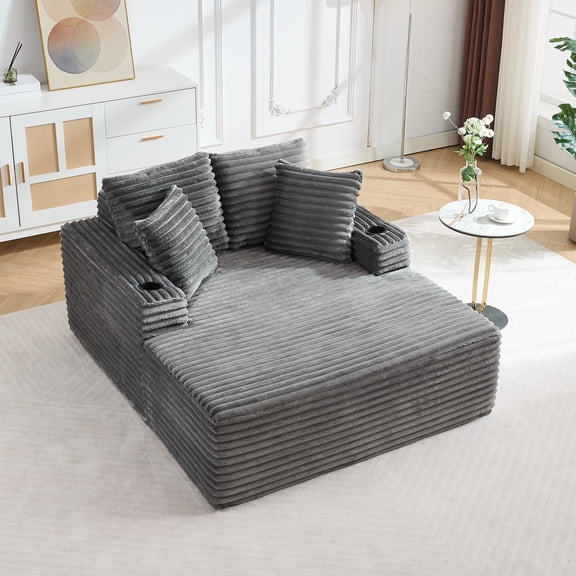 Kicctian 64" Oversized Corduroy Chaise Lounge Chair, Boneless Sleeper Sofa Bed with 2 Pillows & Cup Holders, Gray