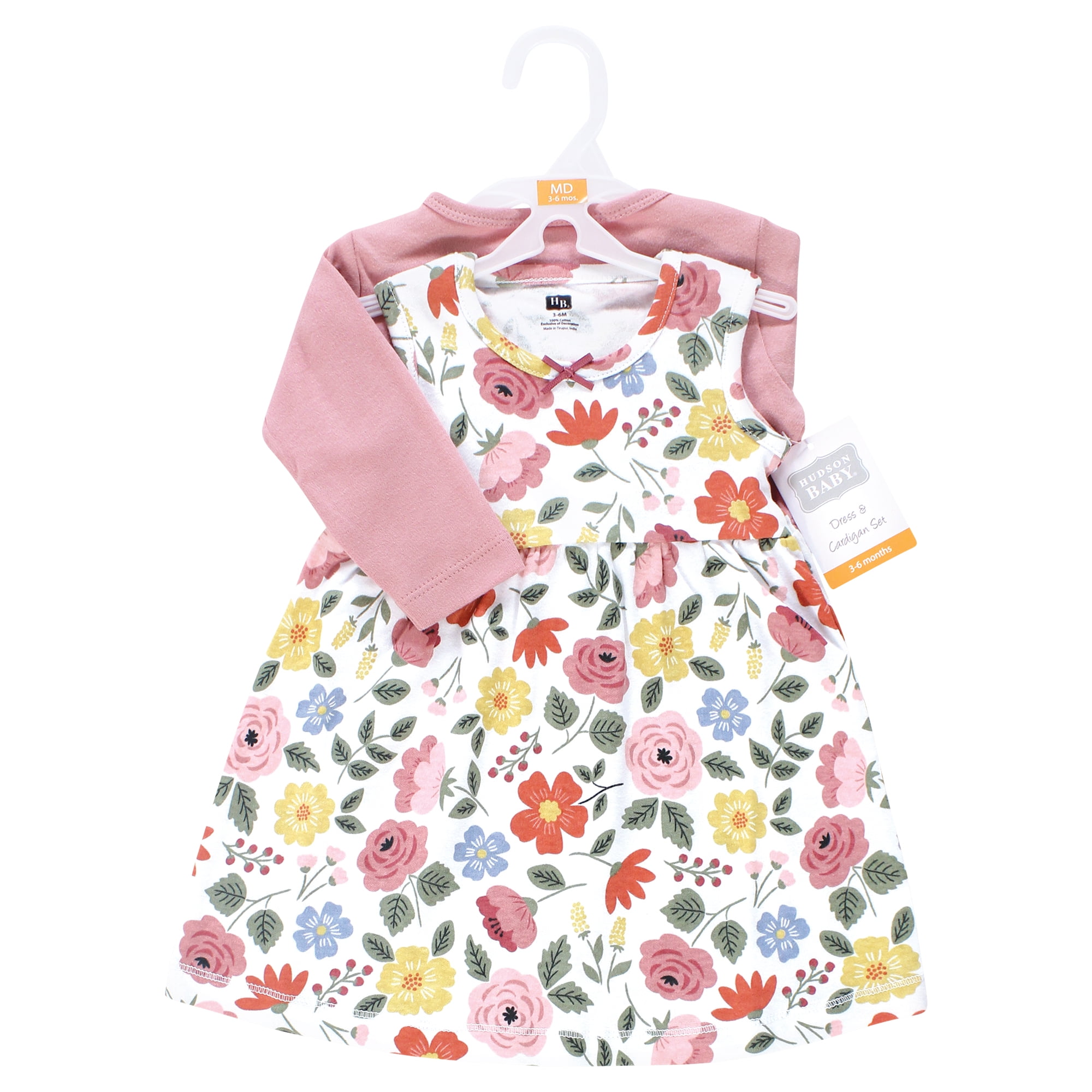 Hudson Baby Infant and Toddler Girls Cotton Dress and Cardigan Set, Mauve Modern Botanical, 3T