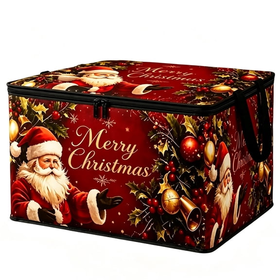 Merry Christmas Storage Bin with Lid, Polyester Storage Boxes with Zipper for Organizing, Clothes, Shelves, Xmas Tree Balls