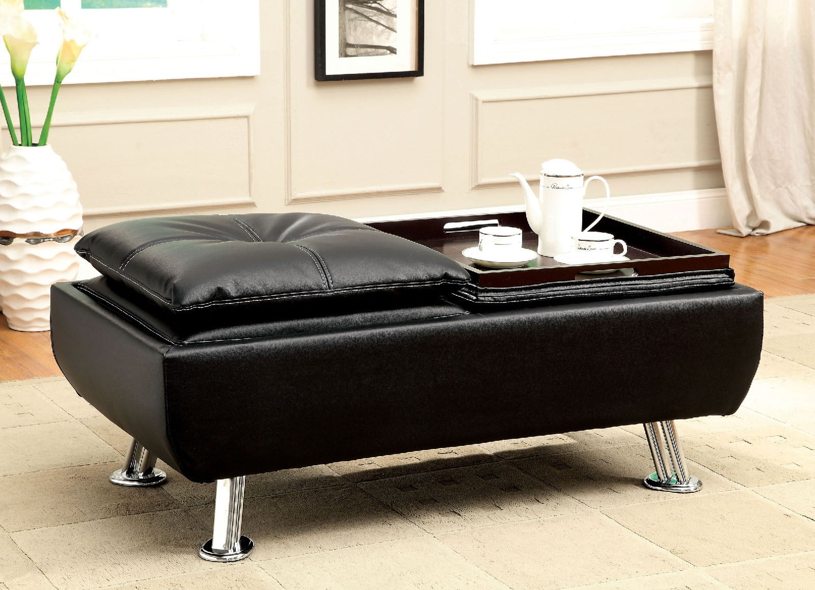 Functional Dual FlipTop Trays Table Leatherette Ottoman With Black