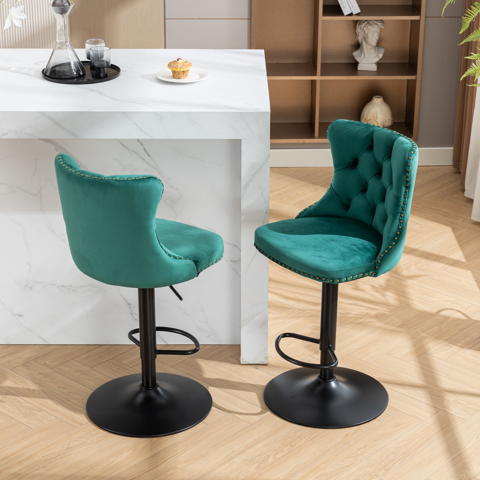 MAYEERTY Swivel Velvet Barstools - Adjustable Seat Height 25-33 Inch, 17.7 Inch Base, Tufted Backs, Green, Set of 2