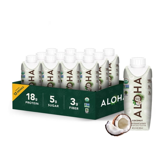 ALOHA Organic Plant-Based Protein Drink – Coconut | 18g Protein, 5g Sugar, 3g Fiber | 11 fl oz (12 pack)