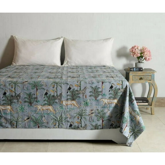 Vinsan International Indian Handmade Cotton Ikat Print Kantha Quilt Tribal Bed Cover Bedspread Blanket Picnic Throw Coverlet Reverisble Bed Throw Red Color King Size 108" x 108"