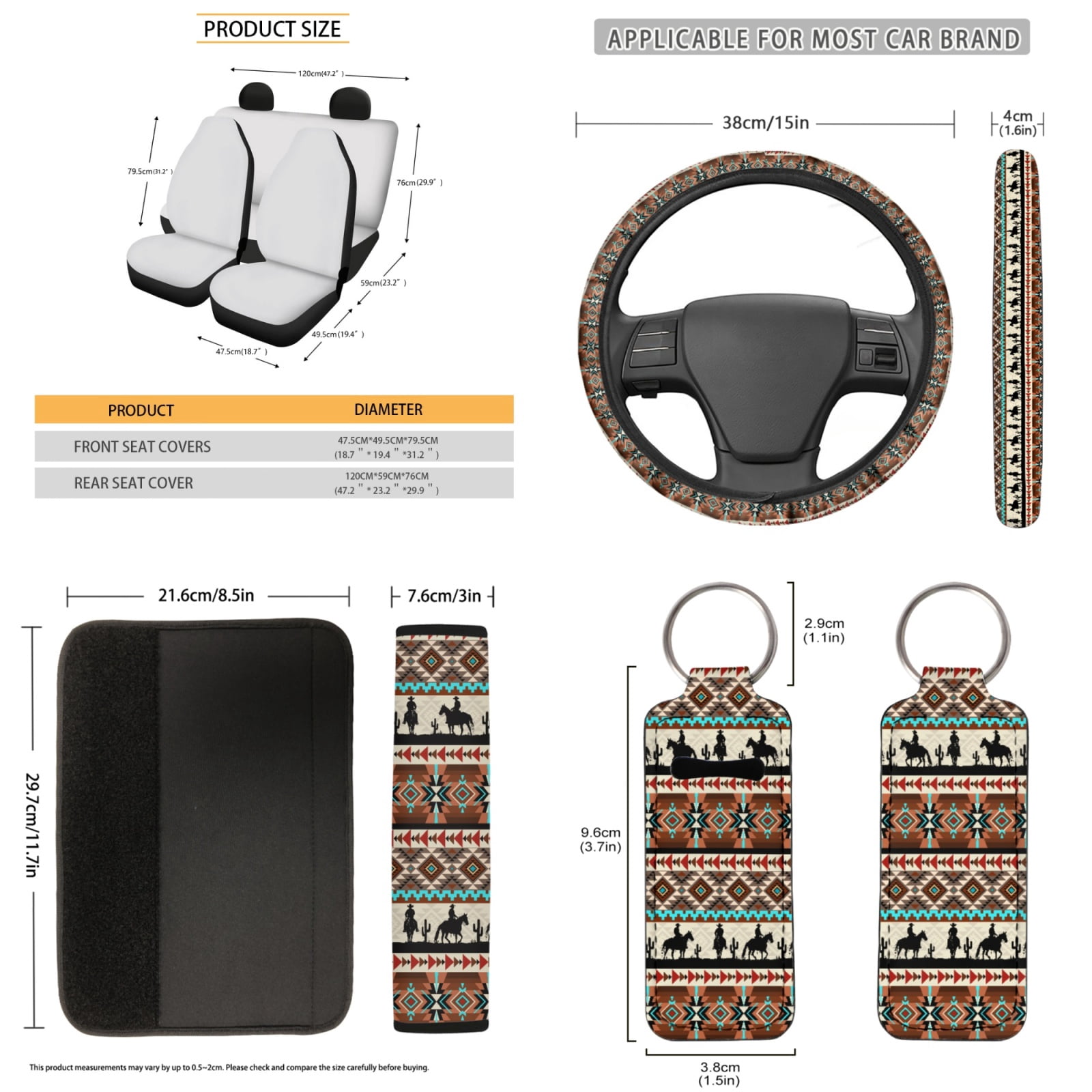 Jeiento Aztec Western Horse Car Seat Covers Set of 13 Car Seat Belt Pad Cover Steering Wheel Cover Car Trash Can Rear View Mirror Cover Car Cup Coasters Keychains Chapstick Holder Universal Fit