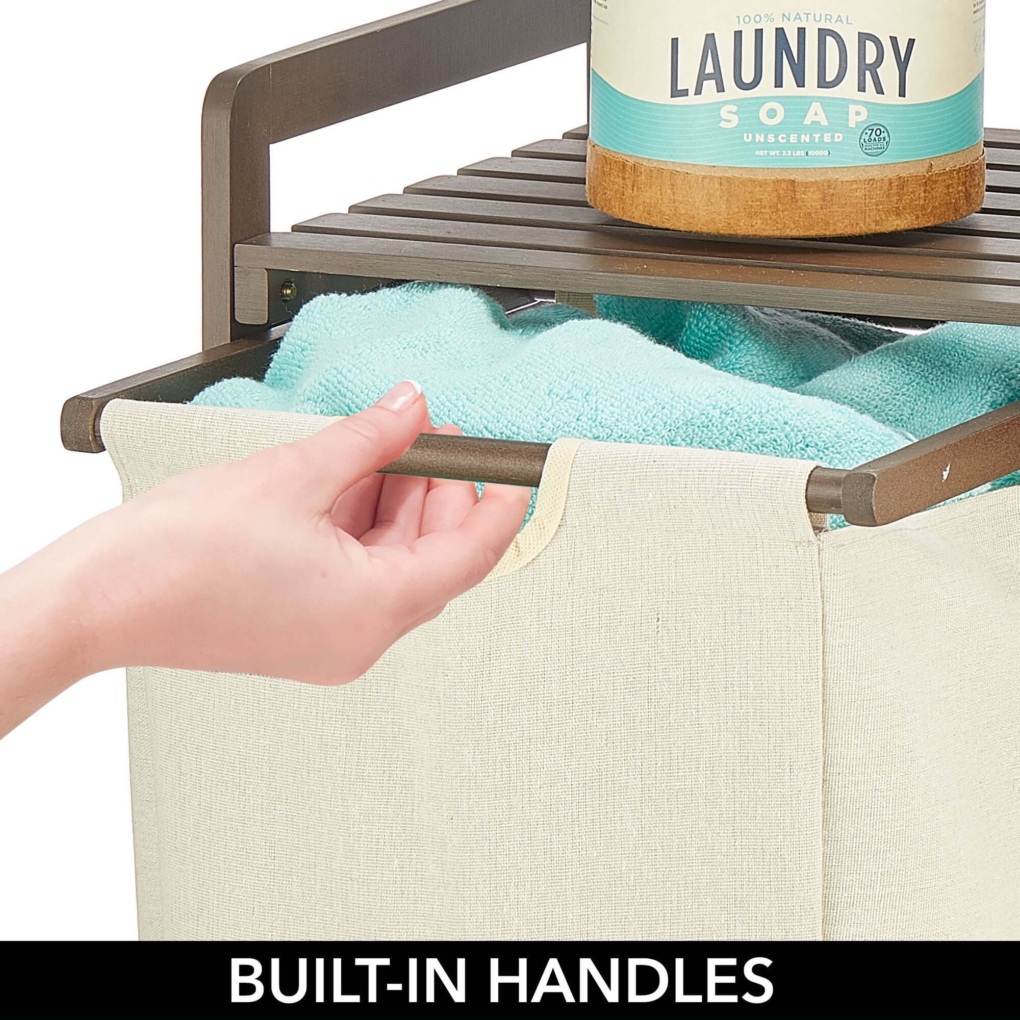 mDesign Bamboo Freestanding Double Laundry Basket Hamper Organizer - Dark Brown