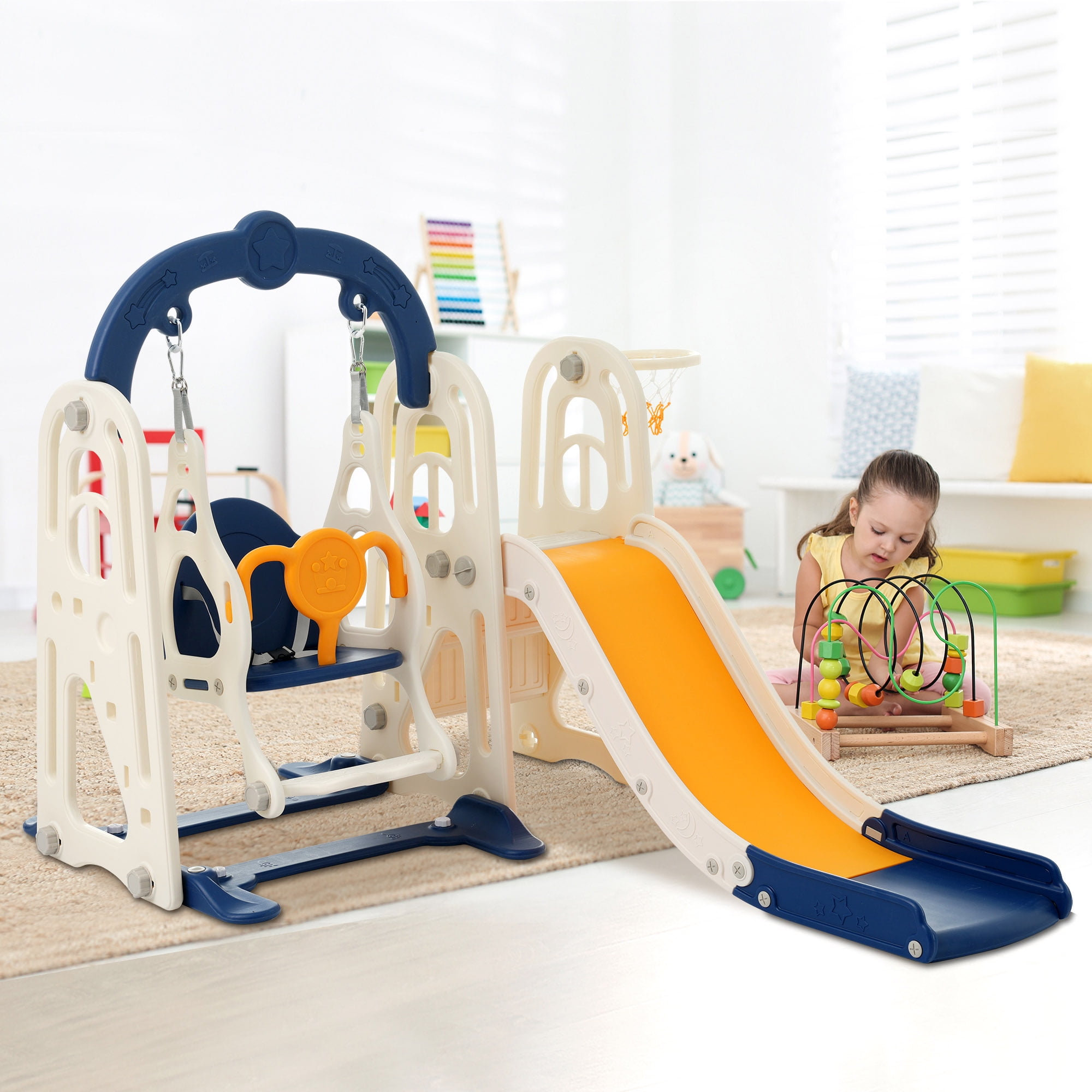 Toddler Slide and Swing Set 3 in 1,Kids Playground Climber Slide Playset with Basketball Hoop,Alphabet Themed Slide, Freestanding Combination for Babies
