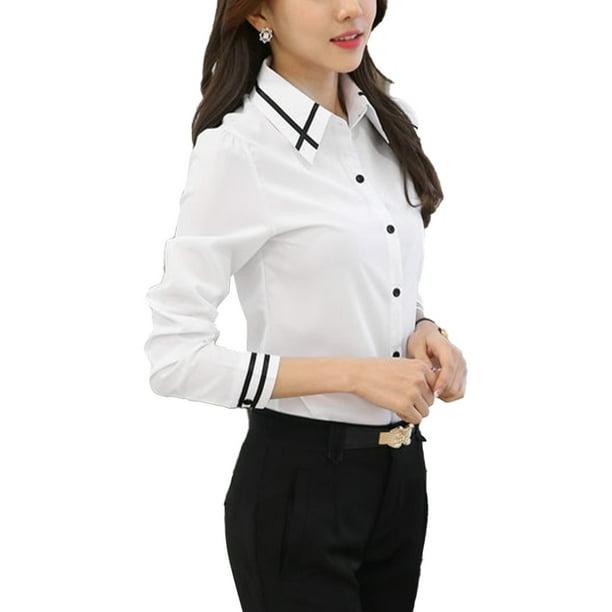 Camisa Formal Con Botones Para Mujer Cuello Vuelto Manga Larga Delgada Estampado De Lineas Negras Elegante Y Adecuada Para El Trabajo Walmart en linea
