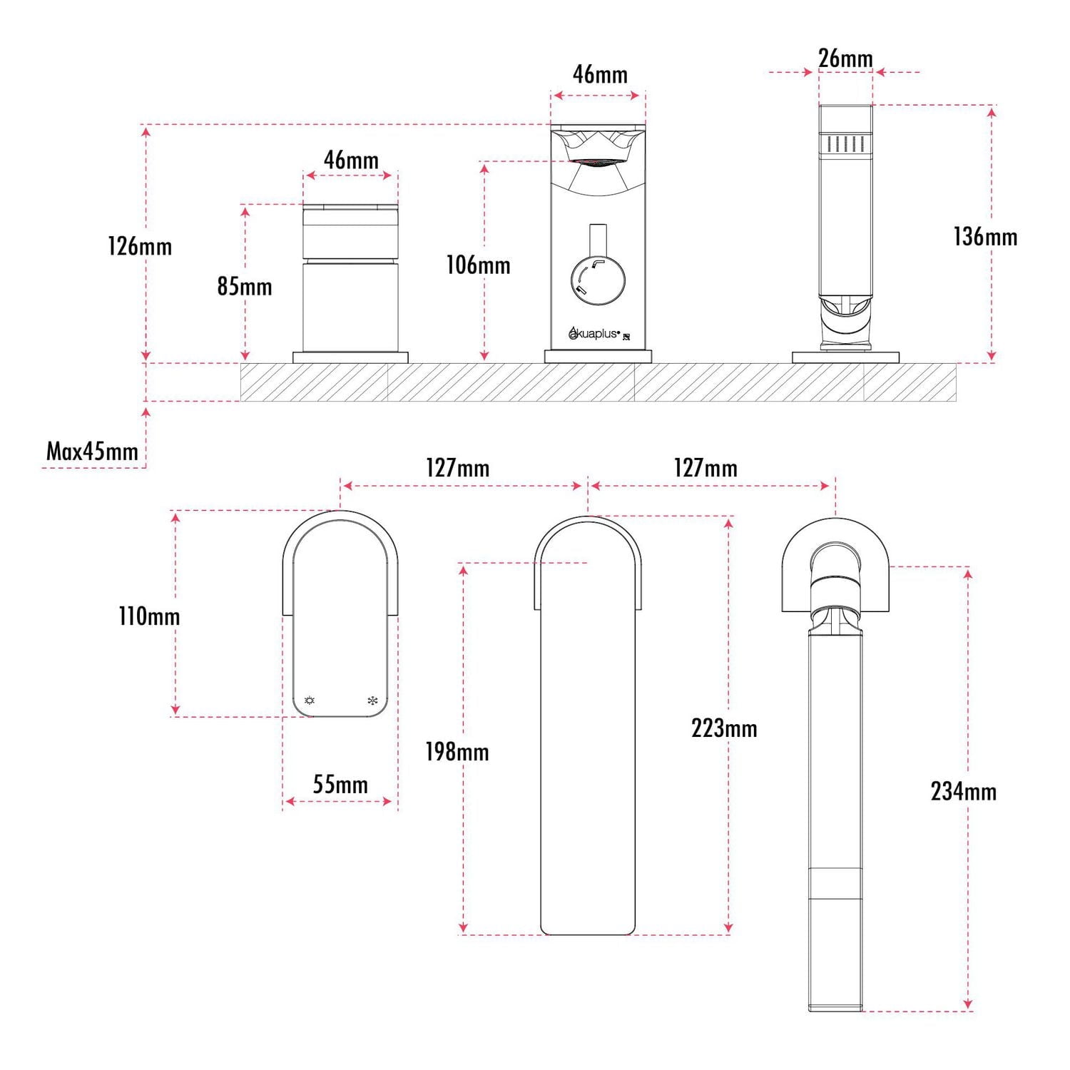 Robinet de baignoire Romaine ELENA avec douche à main d'akuaplus® en laiton solide, 3 pièces.
