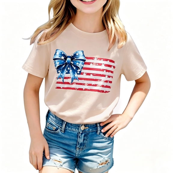 Shinyii Girls 4Th of July T-Shirt Casual Short Sleeve T Shirt Graphic Tee Top, Sizes 1-13