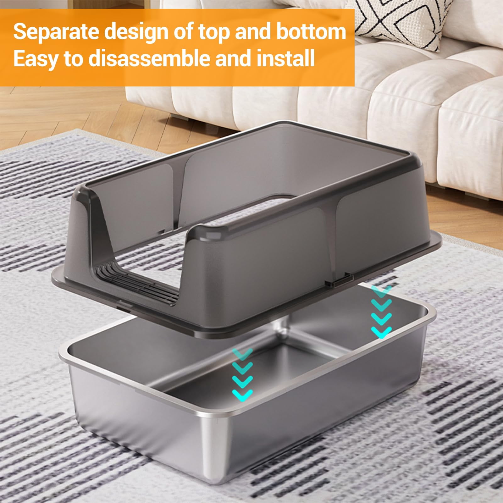Stainless Steel Cat Litter Box with Lid and Scoop 60x40x31.5CM, Easy to Clean Cat Litter Trays, High Sided, Non-Stick, Leak-Proof Metal Cat Litter Box for Cats,Black