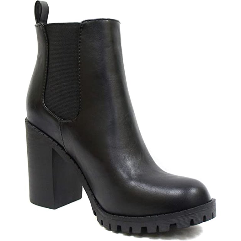Soda Womens Casual Almond Toe Lug Sole Chunky Heel Ankle Booties Origami Black Crinkle 5.5