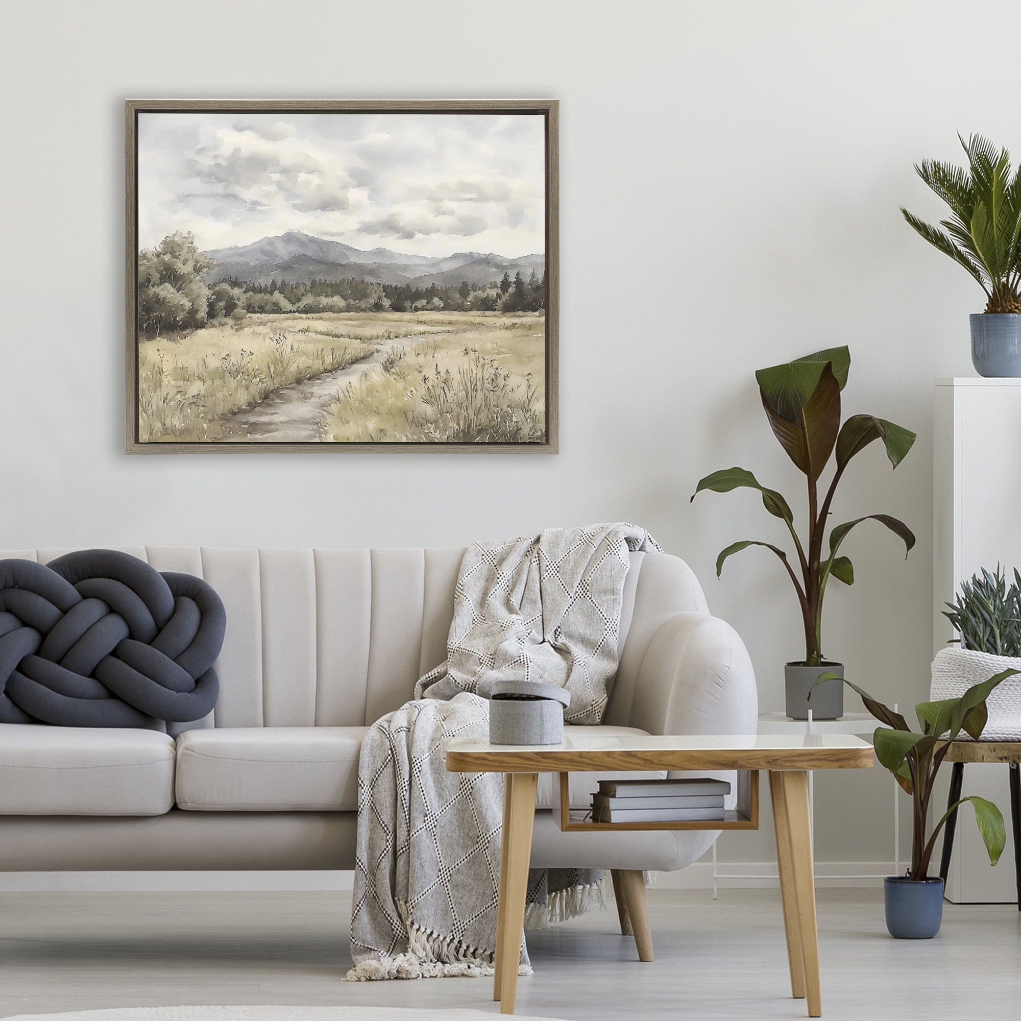 Stupell Industries Muted Pathway to Mountains Brown Framed Floater Canvas Wall Art, design by Riley B