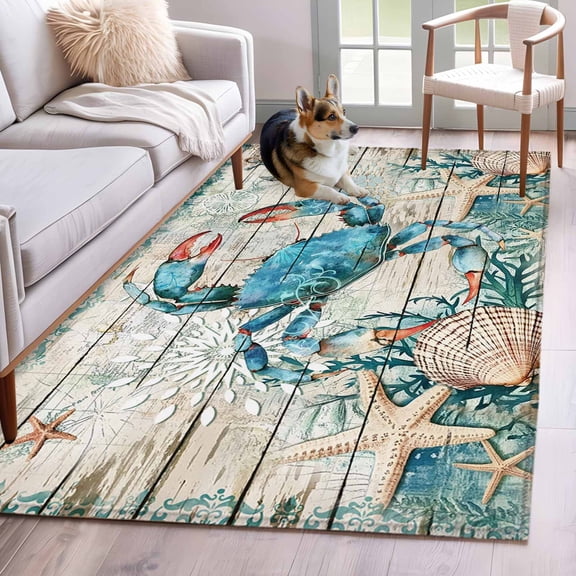 Teal Crab Coastal Area Rug 4x6 Washable Rug Non Slip Summer Beach Nautical Starfish Retro Large Area Rug Indoor Floor Carpet for Entryway Bedroom Kitchen Living Room Home Office Dining Room Nursery